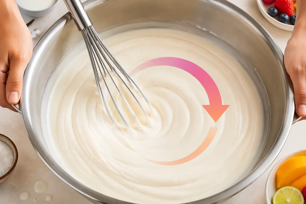 Ice cream mix being whisked in a stainless steel bowl before freezing